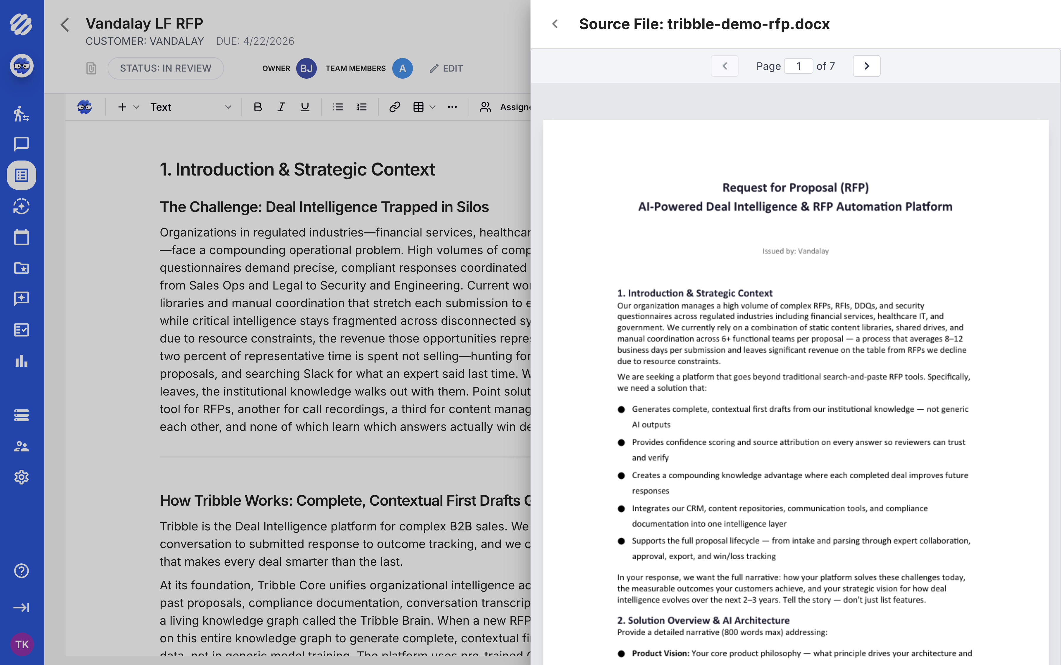 Tribble source document preview showing generated response grounded in source material